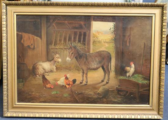 Alfred Hunt Donkey, goat and chickens in a barn, 20 x 30in.